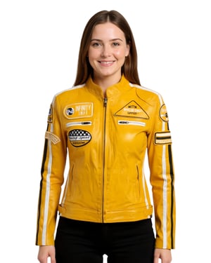Gelbe Damen-Lederjacke mit Rennabzeichen für Biker – Dalby