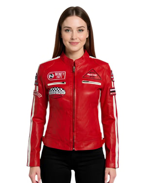 Rote Damen-Lederjacke mit Rennabzeichen für Biker – Dalby