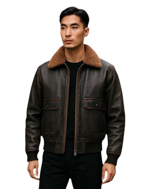 Herren-Bomberjacke aus braunem Leder mit Schaffellkragen, G-1-Pilotenjacke – Naracoorte