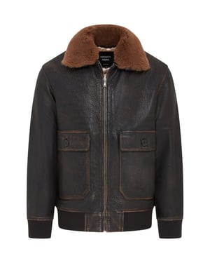 Herren-Bomberjacke aus braunem Leder mit Schaffellkragen, G-1-Pilotenjacke – Trick