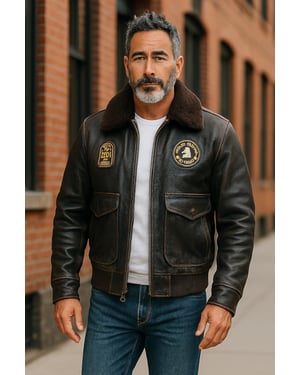 Schwarze Bomberjacke aus Leder für Herren mit Schaffellkragen G-1 – Ararat