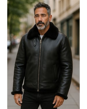 Herren Fliegerjacke B3 Aviator aus echtem Schaffellleder, schwarz, Hobart