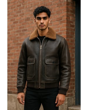 Herren-Bomberjacke aus braunem Leder mit Schaffellkragen G-1 Pilotenjacke - Harbor
