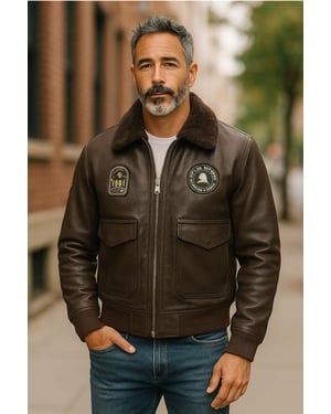 Herren-Bomberjacke aus braunem Leder mit Schaffellkragen G-1 – Ararat