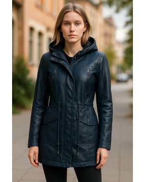Blaue Damen-Parkajacke aus Leder mit Kapuze – Clare