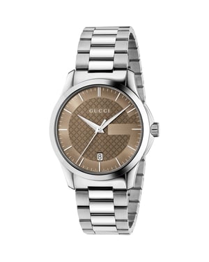 Gucci G-Timeless YA126445 Unisex-Uhr mit braunem Zifferblatt und silbernem Armband
