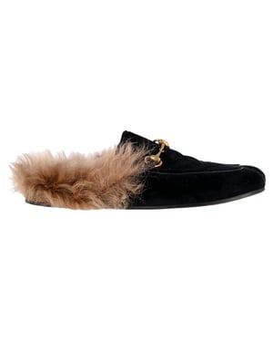 Gucci Princetown Mule Flats aus schwarzem Samt und Häkel- pelz