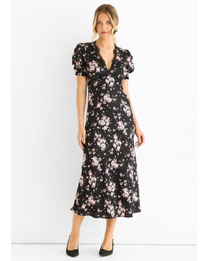 Schwarzes Midikleid mit floralem Spitzenbesatz und Bias