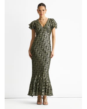 Gini London Viskose-Jacquard-Maxikleid mit Clip-Gold-Effekt und schrägem Schnitt - Dunkelgrün