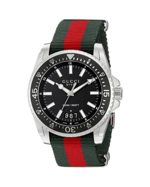 Gucci Dive Herrenuhr YA136206 mit schwarzem Zifferblatt und mehrfarbigem Armband