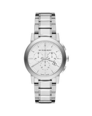 Burberry Damenuhr BU9750 City Chronograph mit silbernem Zifferblatt und Edelstahlband