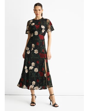 Schwarzes Midikleid mit bestickten Engelsärmeln für jeden Anlass