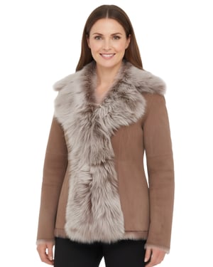 Damen Taupe Schaffell Toscana Merino Shearling Wildleder Lederjacke-Siena