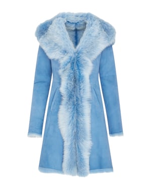 Blauer Trenchcoat mit Kapuze aus toskanischem Schaffell-Wildleder für Damen – Aura