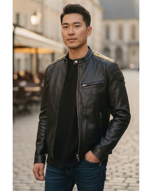 Schwarze gesteppte Bikerjacke aus Leder für Herren mit gelben Streifen – Rider