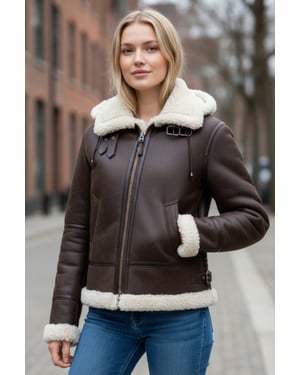 Damen Creck Braune Schaffell-Bomber-Lederjacke mit Kapuze – Sovereign