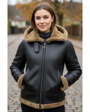 Damen-Bomberjacke aus Schaffell mit Kapuze in Braun-Ginger – Sovereign
