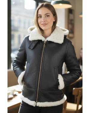Damen-Bomberjacke aus Schaffell mit Kapuze in Braun-Creme – Sovereign