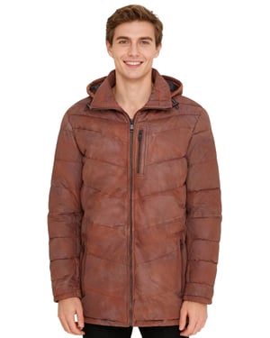 Herren-Steppjacke aus hellbraunem Leder mit abnehmbarer Kapuze, Puffer-Wintermantel – Orion