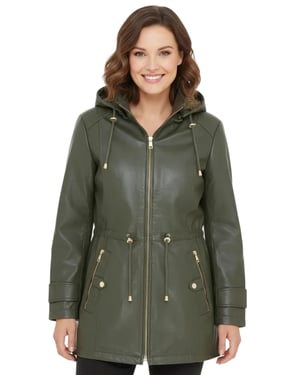 Grüner Lederparka für Damen mit abnehmbarer Borg-Kapuze, Trenchcoat – Emilia