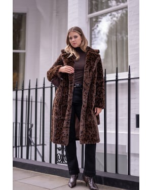 Schokoladen Leopard Print Premium Kunstpelz Gürtel Mantel