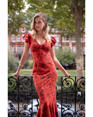 Rotes Maxikleid mit V-Ausschnitt und Blumendruck und Rüschen