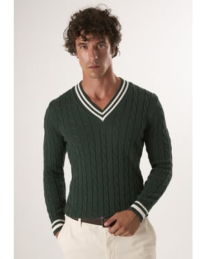 Pullover Basic-Pullover Mit V-Ausschnitt Und Zopfmuster