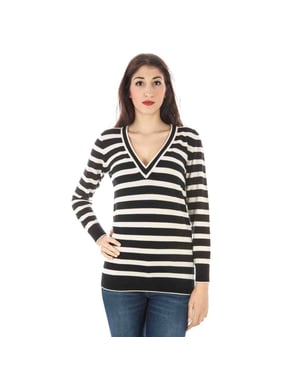 Gestreifter V-Ausschnitt Merinowollpullover