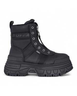 Buffalo Damen Schwarze Chunky Plateau-Kampfstiefel mit Frontreißverschluss - Fusion
