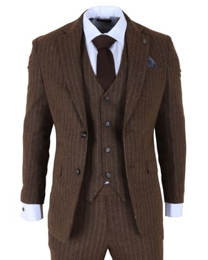 Brauner 3-teiliger Slim Fit-Anzug für Herren mit Nadelstreifen