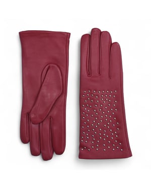 Rote italienische Leder-Fahrhandschuhe für Damen mit weichem Wollfutter, Winterdesign und Nietenbesatz