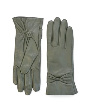 Damen-Fahrhandschuhe aus olivgrünem italienischem Leder mit weichem Wollfutter und Schleifendesign für den Winter