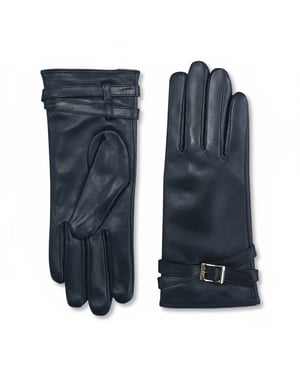 Schwarze Damen-Winter-Autofahrerhandschuhe aus italienischem Leder mit weichem Wollfutter und Schnalle