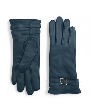 Damen-Winter-Fahrhandschuhe aus türkisgrünem italienischem Leder mit weichem Wollfutter und Schnalle