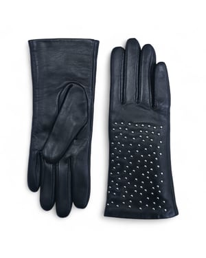 Schwarze italienische Leder-Fahrhandschuhe für Damen mit weichem Wollfutter, Winterdesign und Nietenbesatz