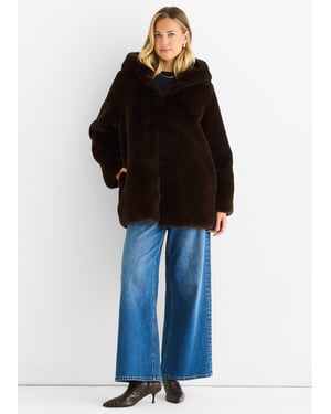 Langärmelige Kunstpelzjacke mit Kapuze aus Schokolade