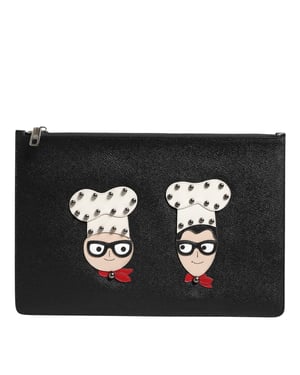 Schwarze Leder #DGFAMILY Verzierte Herren Clutch Pouch Tasche