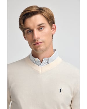Pullover ecru aus Wollgemisch mit V-Ausschnitt und gesticktem Rigby Go-Logo