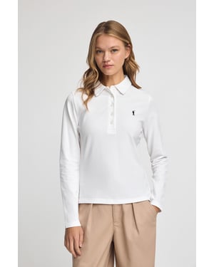 Poloshirt weiß mit langen Ärmeln, Fünf-Knopf-Kragen und gesticktem Rigby Go-Logo