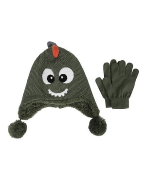 Mountain Warehouse - Hut- und Handschuh-Set für Kinder, Kunstfell gefüttert, Drachen-Design (Grün)