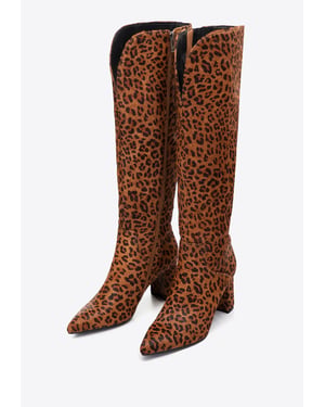Wittchen Damenstiefel aus Leder mit Tierhaarmuster, dunkelbraun-hellbraun