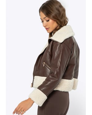 Wittchen Damen kurze braune Kunstlederjacke mit Pelzbesatz
