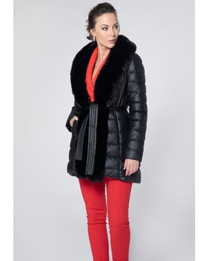 Wittchen Damen Steppjacke aus Öko-Leder mit Pelzbesatz, Schwarz