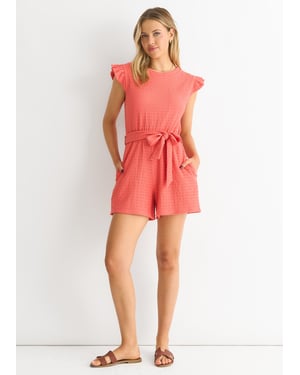 Koralle Stretch Textur Rüsche elastische Taille Playsuit