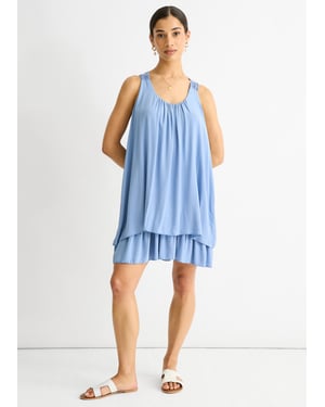 Doppellagiges Baumwoll-Minikleid aus Denim mit Häkelmuster