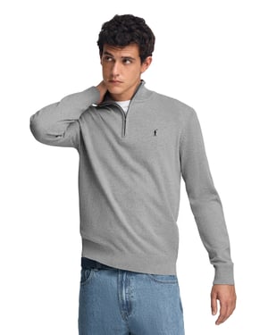 Pullover grau meliert aus Wollgemisch mit halbem Reißverschluss und gesticktem Rigby Go-Logo