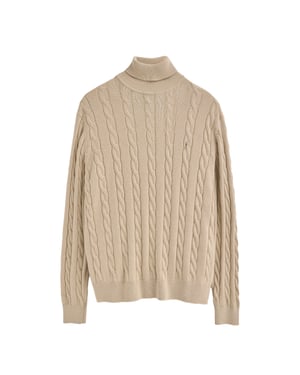Rollkragenpullover beige aus Wollgemisch mit gestricktem Zopfmuster und gesticktem Rigby Go-Logo