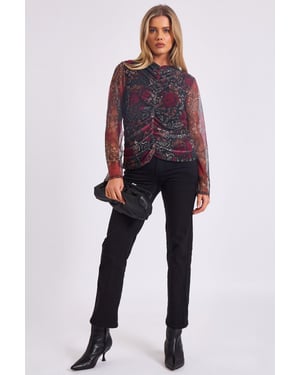 Bedrucktes Mesh-Top mit geraffter Front