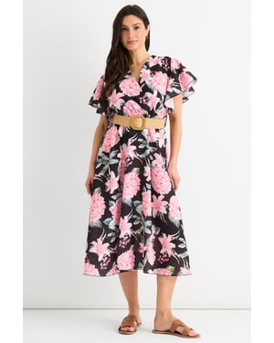 Gini London Midikleid mit Blumenprint, Engelsärmeln und Gürtel - Schwarz