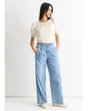 Mid Wash Blue Denim Jeans mit weitem Bein